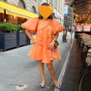 AJE Riviera Asymmetric Braided Puff Sleeve Smock Dress  Color: Orange - US 4